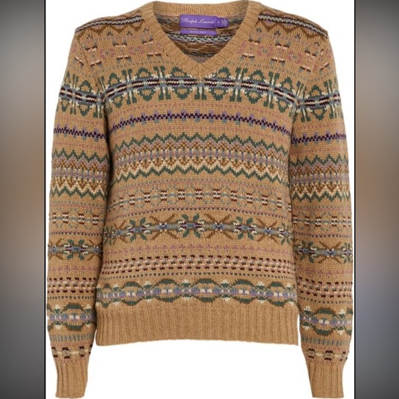 Ralph Lauren Men's Purple Label Cashmere Blend Fair Isle V-Neck Sweater-Size XXL